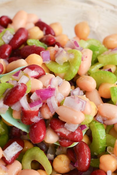spatula in bowl of bean salad