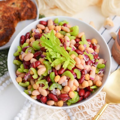 angled shot of bowl of three bean salad
