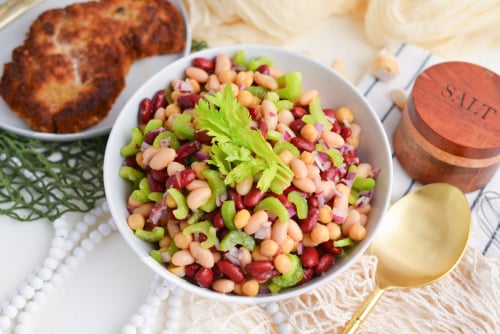 angled shot of bowl of three bean salad