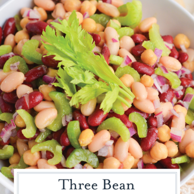 angled shot of three bean salad with text overlay