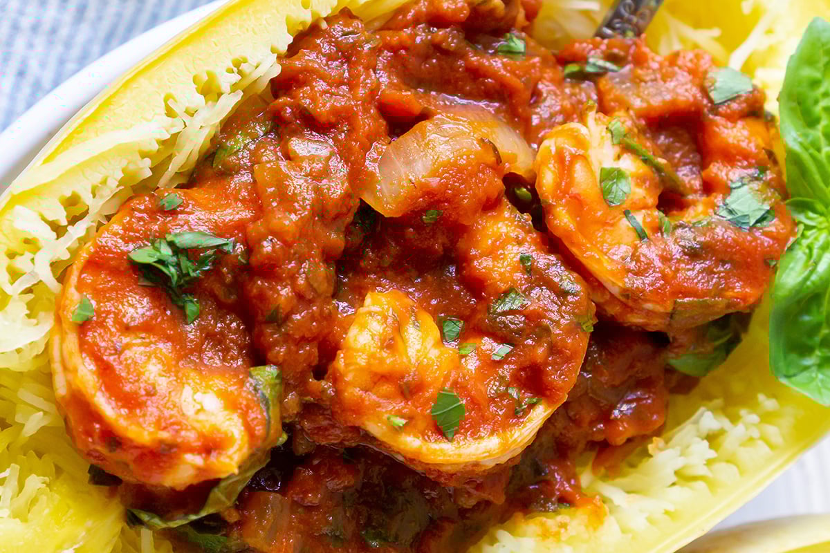 close up of shrimp marinara in spaghetti squash