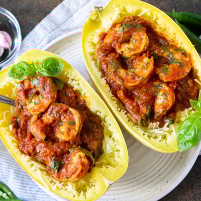 two spaghetti squash with shrimp marinara