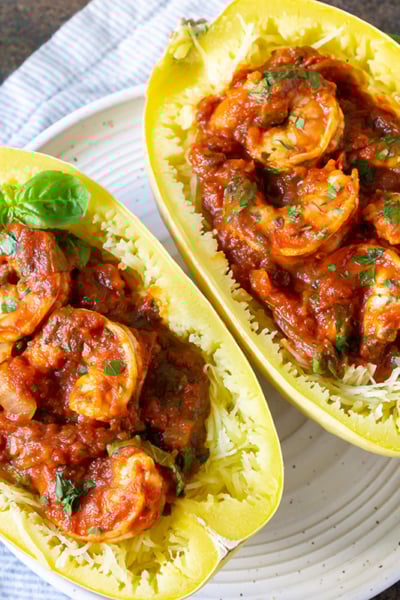two spaghetti squash with shrimp marinara
