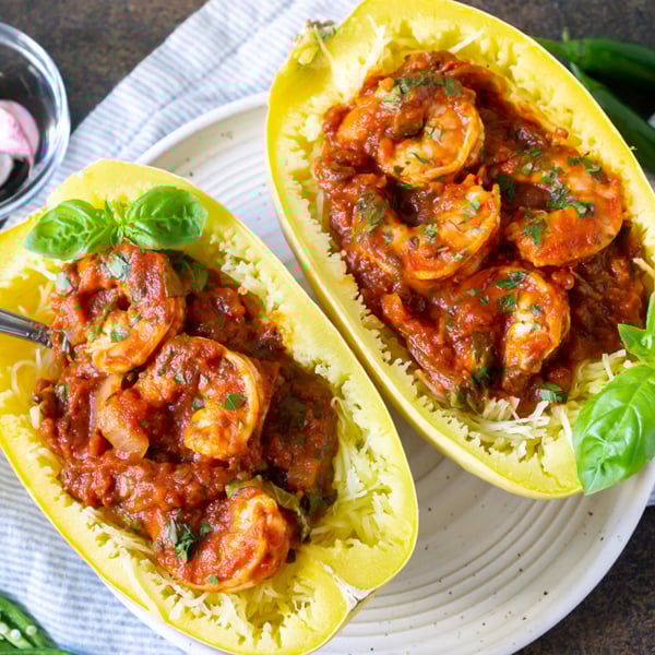 two spaghetti squash with shrimp marinara