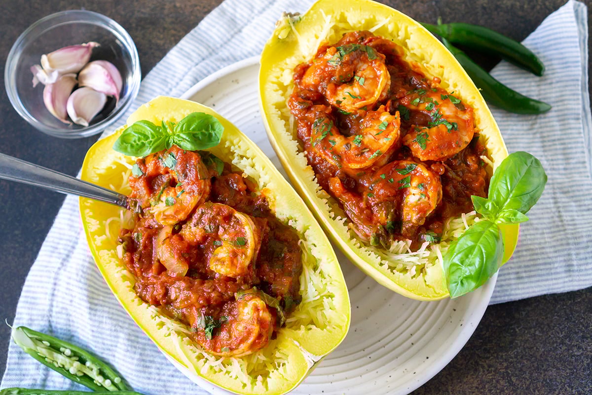 two spaghetti squash with shrimp marinara