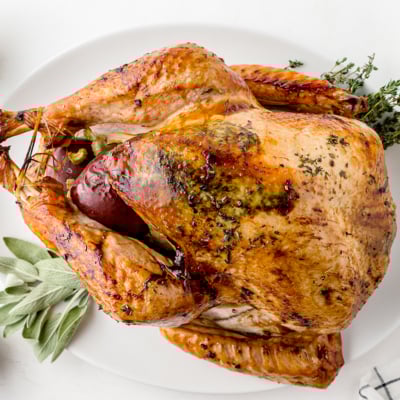 overhead shot of champagne turkey on platter