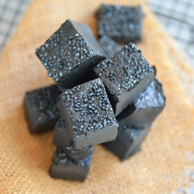 black fudge on burlap