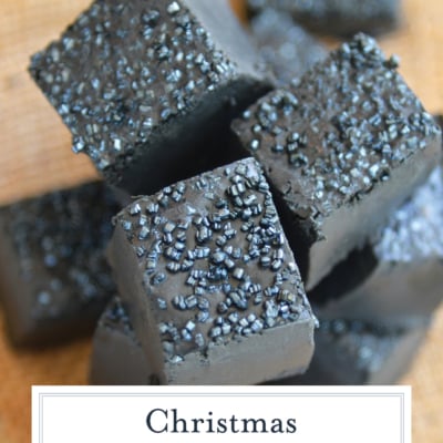 close up angled shot of christmas coal candy with text overlay