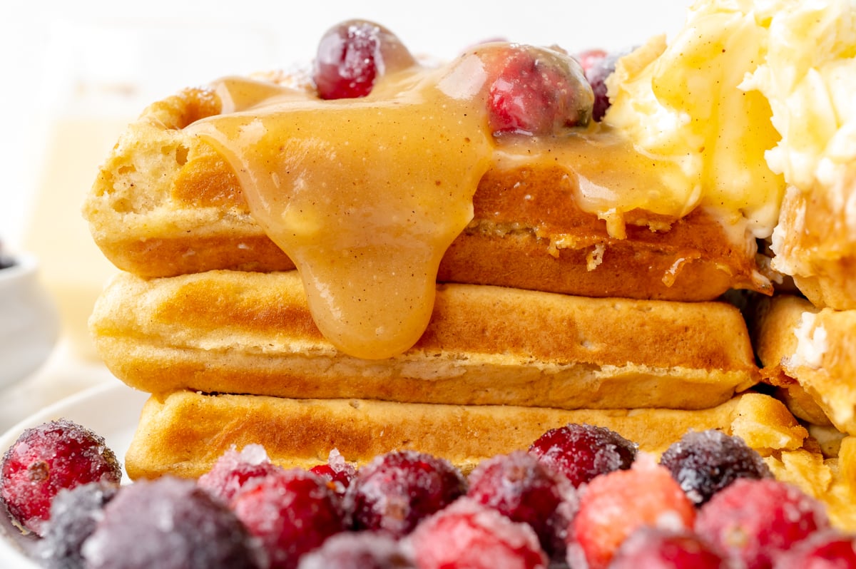 syrup dripping down stack of waffles