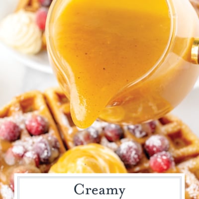 syrup pouring onto waffles with text overlay