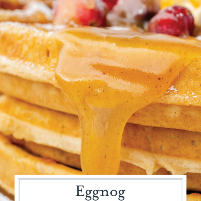 syrup dripping off of stack of waffles with text overlay