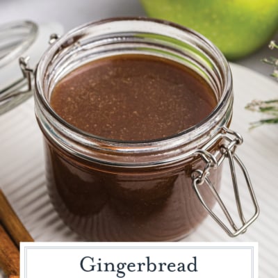 angled shot of jar of gingerbread caramel sauce with text overlay