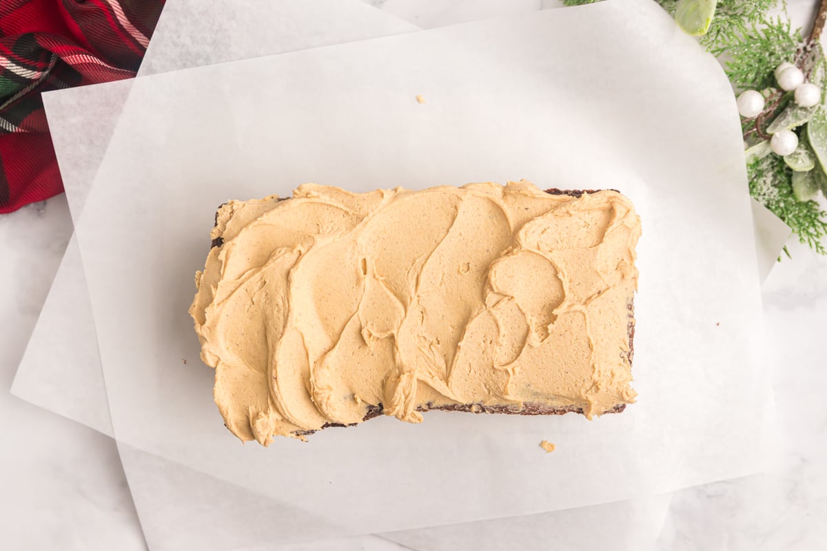 overhead shot of loaf cake topped with frosting