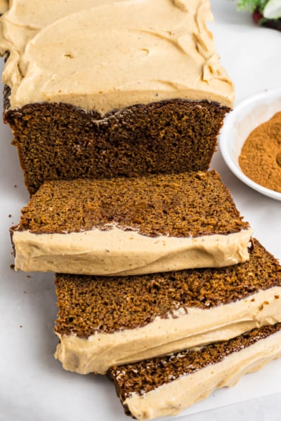 angled shot of sliced loaf cake