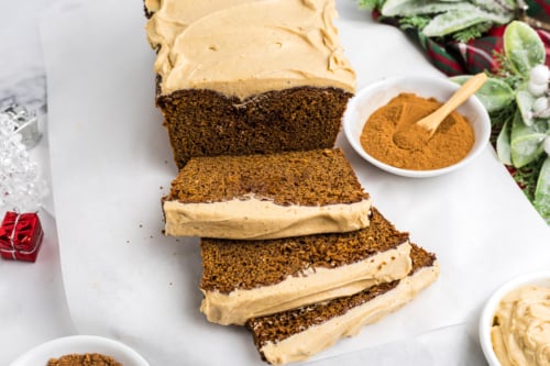 angled shot of sliced loaf cake