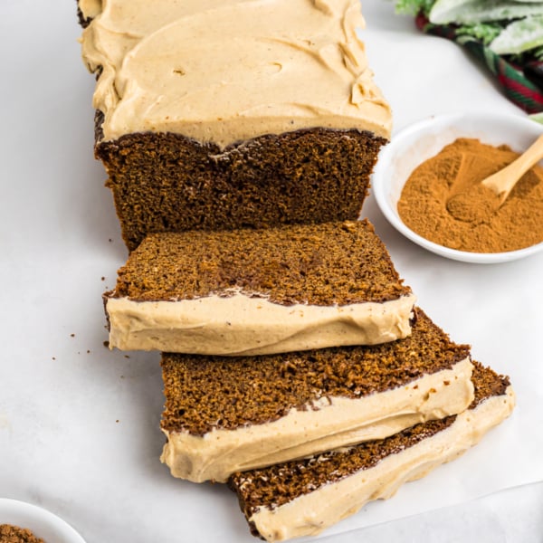 angled shot of sliced loaf cake