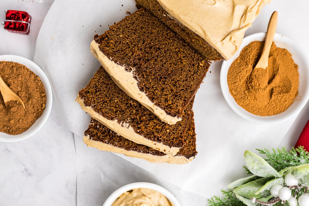 overhead shot of sliced gingerbread loaf cake