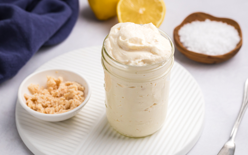 angled shot of jar of horseradish aioli