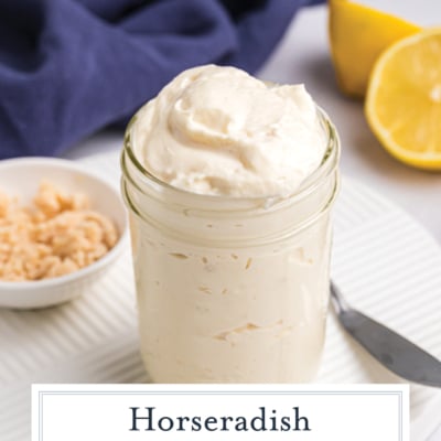 angled shot of horseradish aioli in jar with text overlay