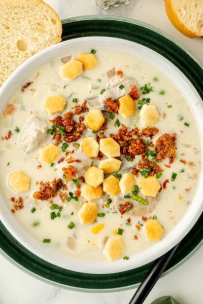 overhead shot of bowl of oyster chowder