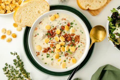 overhead shot of bowl of oyster chowder