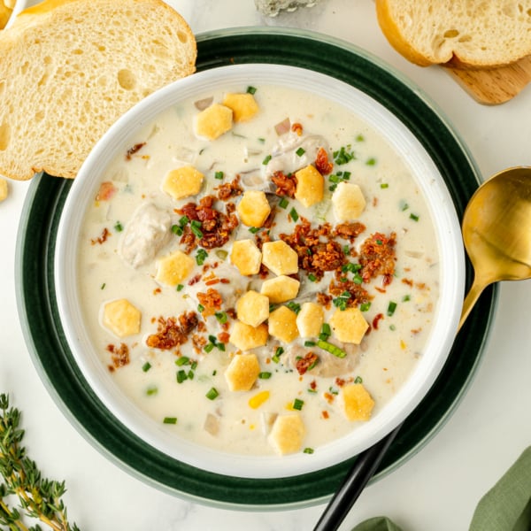 overhead shot of bowl of oyster chowder