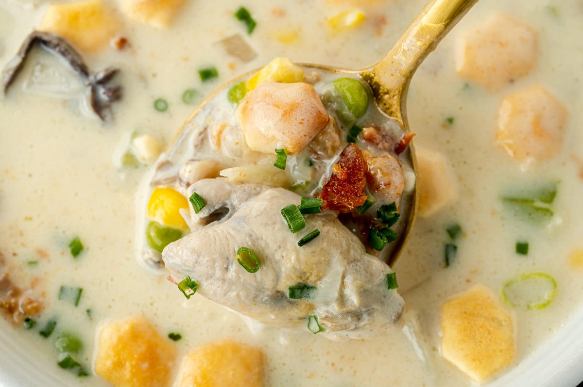 close up of spoon full of oyster chowder