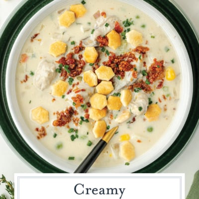 overhead shot of bowl of oyster chowder with text overlay
