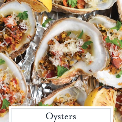 angled shot of oysters rockefeller on tray with text overlay