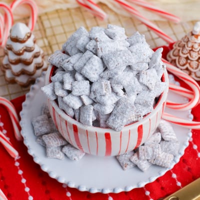 angled shot of bowl of peppermint bark puppy chow