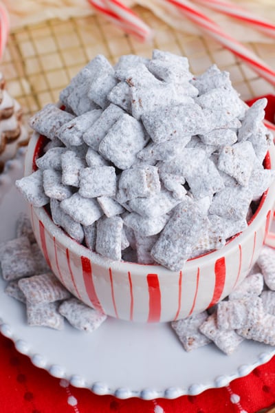 angled shot of bowl of peppermint bark puppy chow