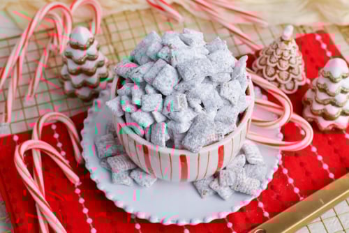 angled shot of bowl of peppermint bark puppy chow