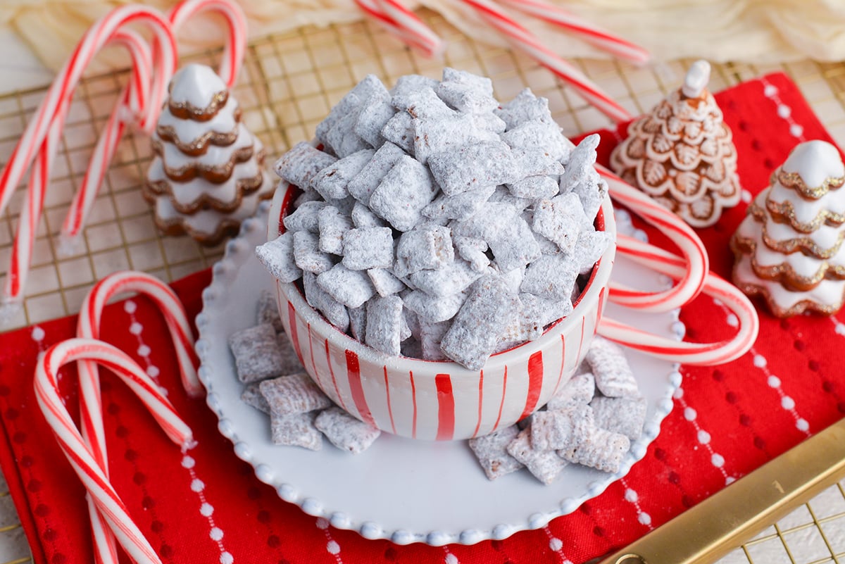 angled shot of bowl of peppermint bark puppy chow
