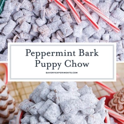 collage of peppermint bark puppy chow