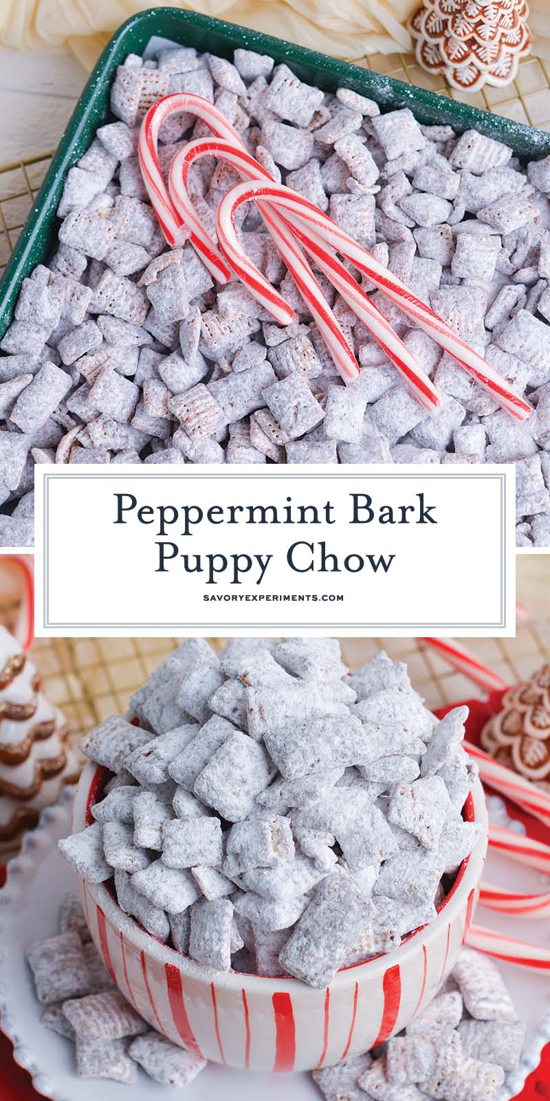 collage of peppermint bark puppy chow