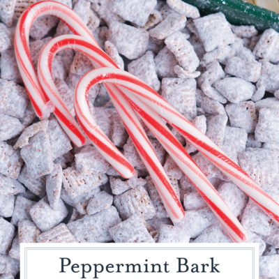 overhead shot of candy canes on top of puppy chow with text overlay