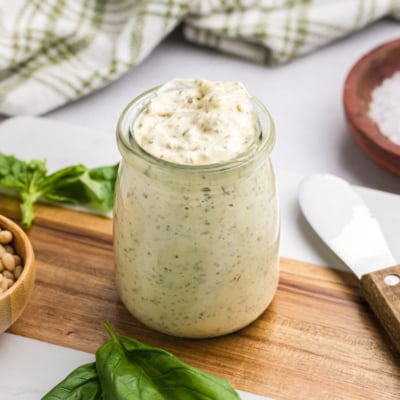 angled shot of jar of aioli