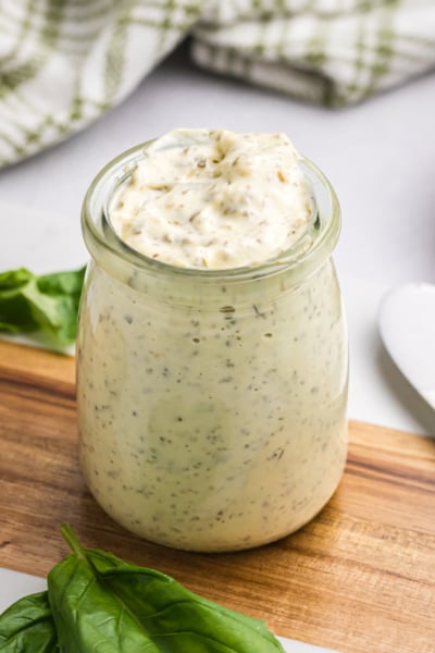 angled shot of jar of aioli