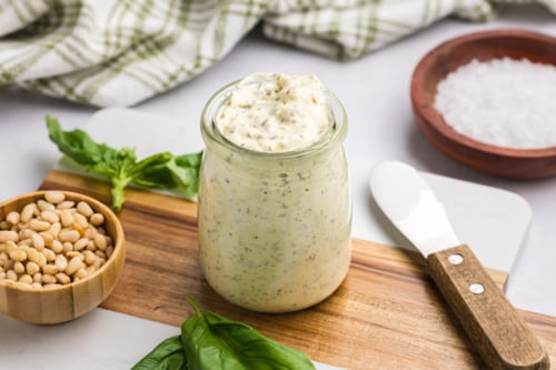 angled shot of jar of aioli