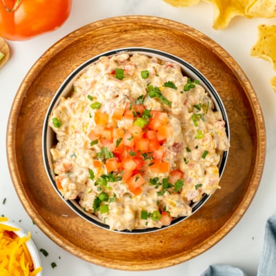 overhead shot of bowl of creamy sausage dip