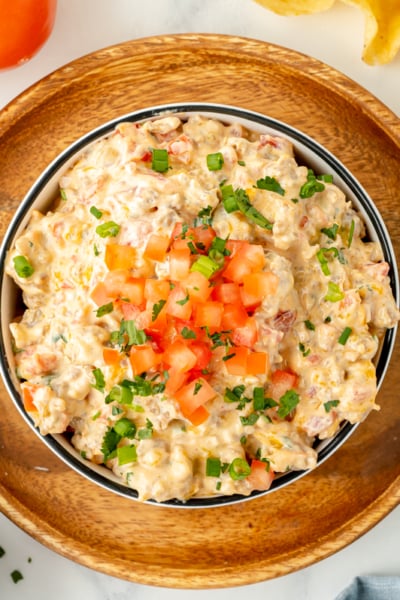 overhead shot of bowl of creamy sausage dip