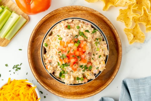 overhead shot of bowl of creamy sausage dip