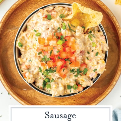 overhead shot of creamy sausage dip with text overlay