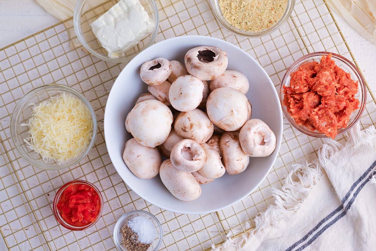 overhead shot of stuffed mushrooms ingredients