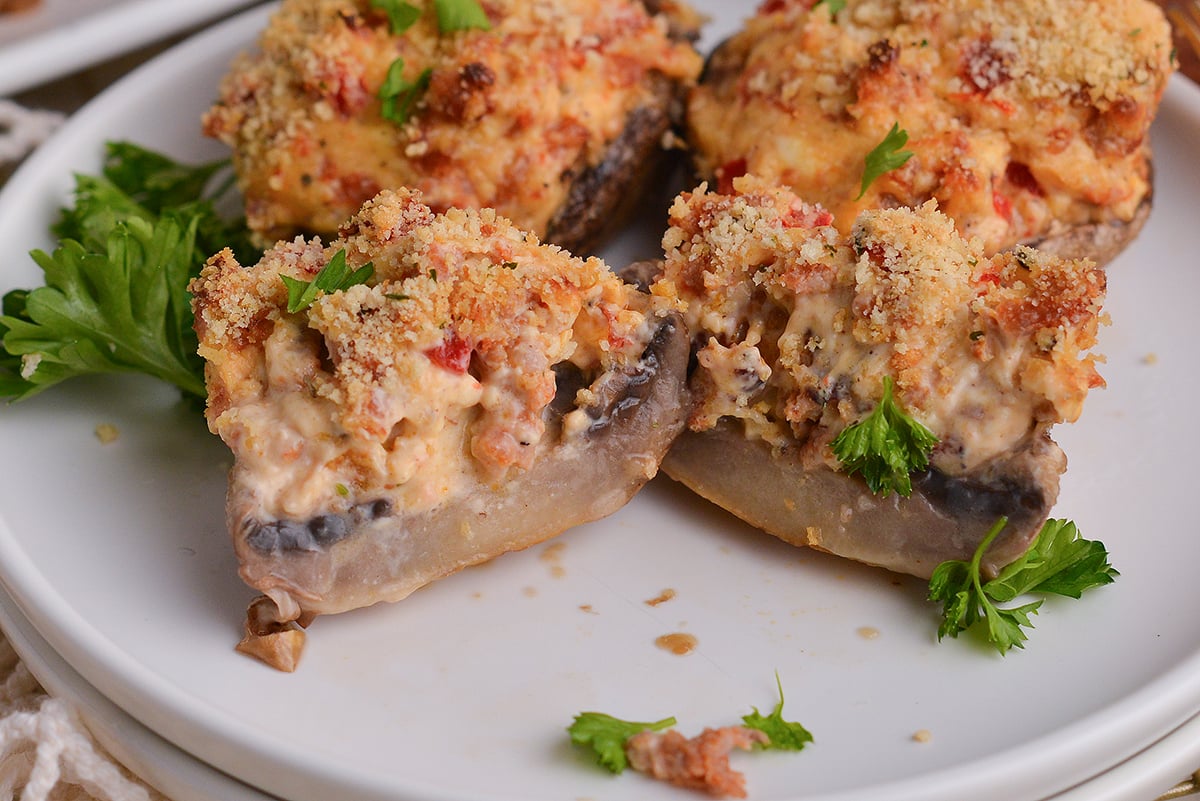 close up angled shot of stuffed mushroom cut in half