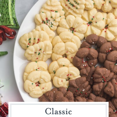 overhead shot of spritz cookies on plate with text overlay