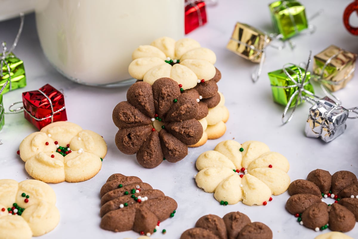 angled shot of stack of classic spritz cookies
