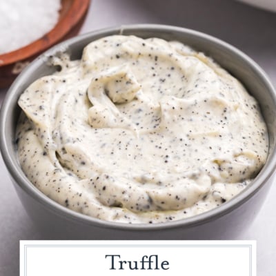 angled shot of bowl of truffle aioli with text overlay