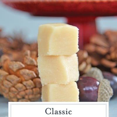 stack of vanilla fudge squares with text overlay