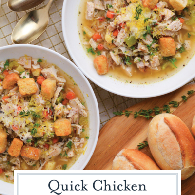 Add lemon off heat: silky chicken and wild rice soup with Parmesan, herbs, and bright zest.